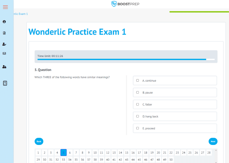 An image showing an example of a practice exam in the BoostPrep Wonderlic course